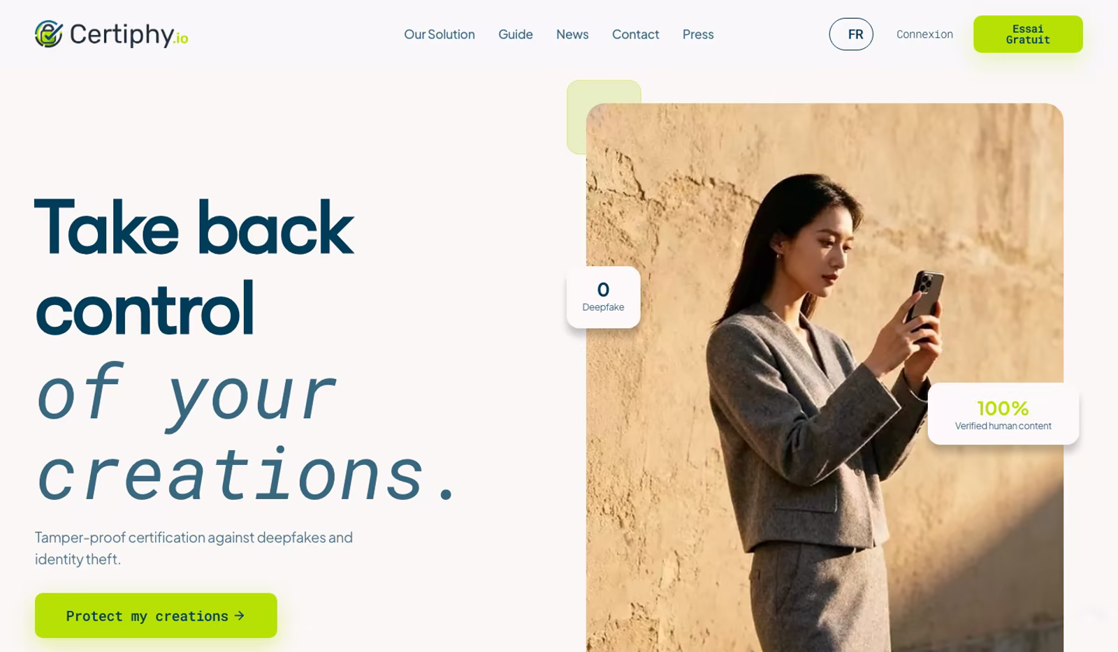 Certiphy home page: “Take back control of your creations”