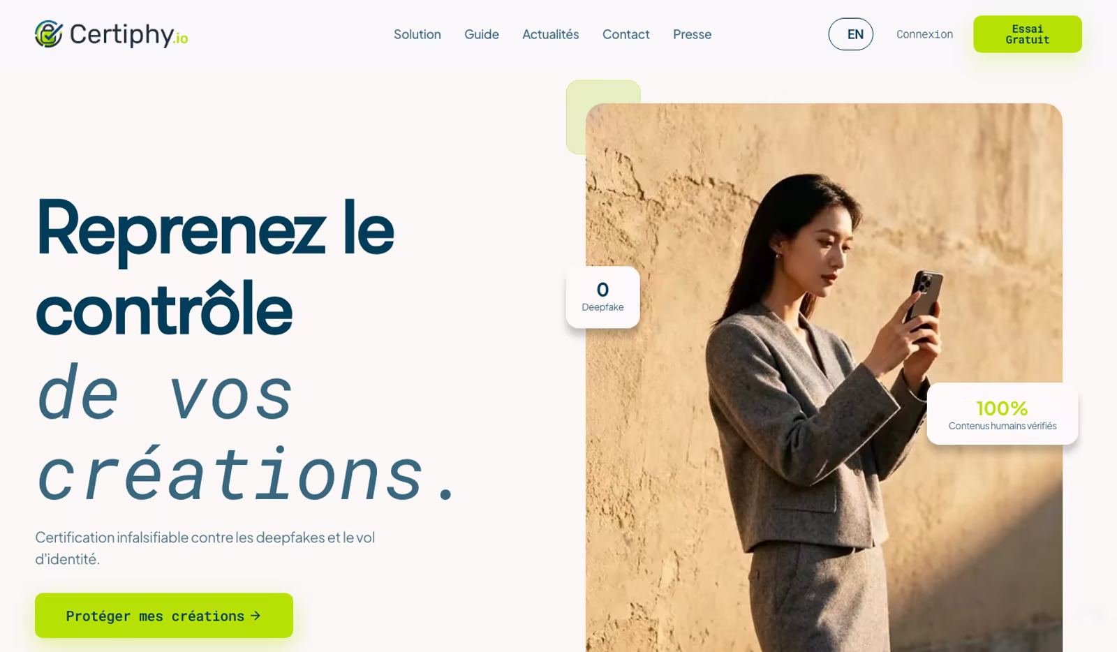 Page d'accueil Certiphy : « Reprenez le contrôle de vos créations »