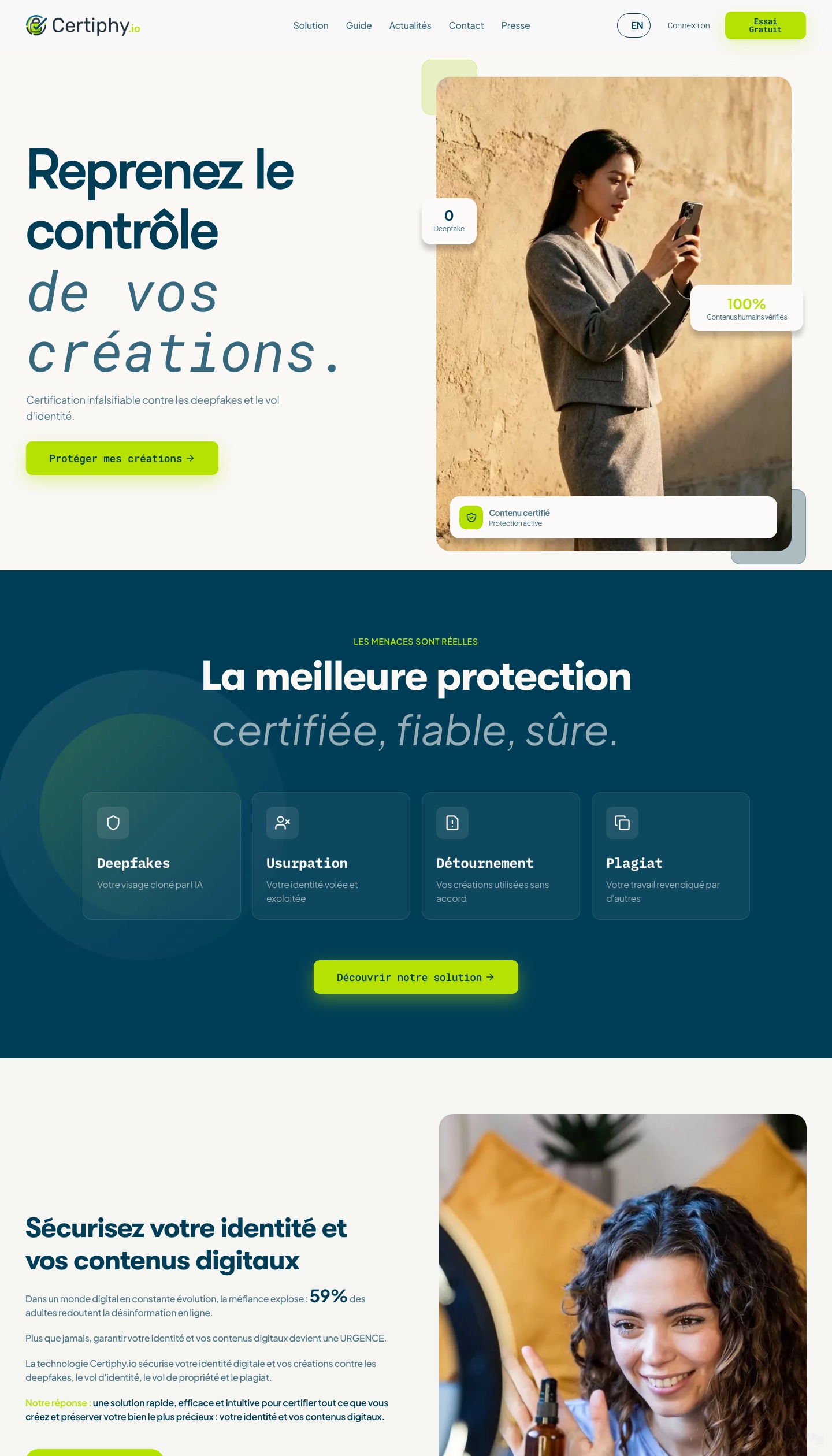 Certiphy home page in French, from the hero to the threats and solution sections