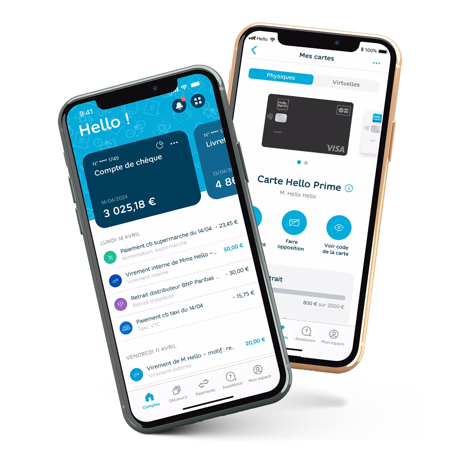 Hello bank! app: checking account and Hello Prime card