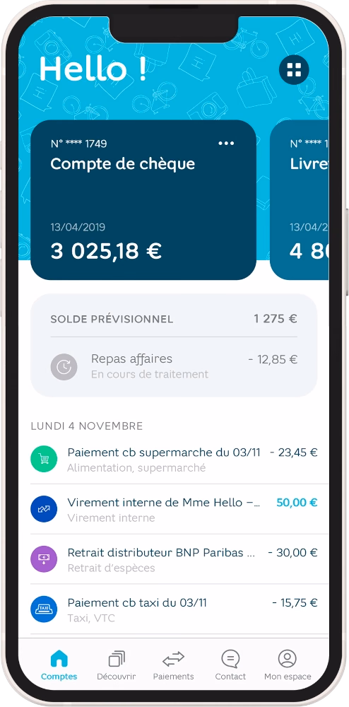 Checking account screen in the Hello bank! app