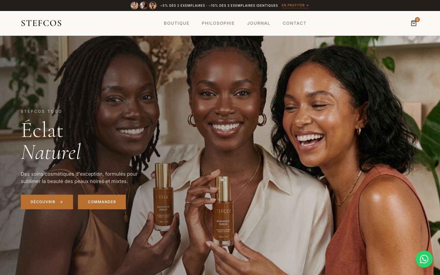 Stefcos home page: “Éclat naturel”, skincare for Black and mixed-race skin